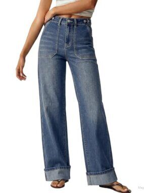 Wide Leg Jeans Cuffed Hem Adjustable Waist High Waisted Stretchy Denim Pants